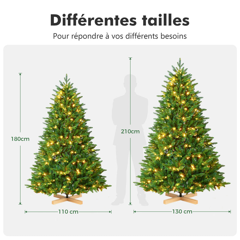 Sapin lumineux artificiel 180 à 235 cm, LED blanc chaud, pied en bois