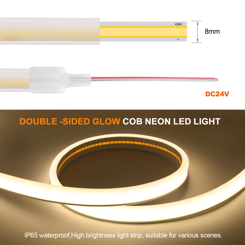 Ruban LED néon COB double face IP65 – coupe du ruban de 8 mm et connecteur 24 V
