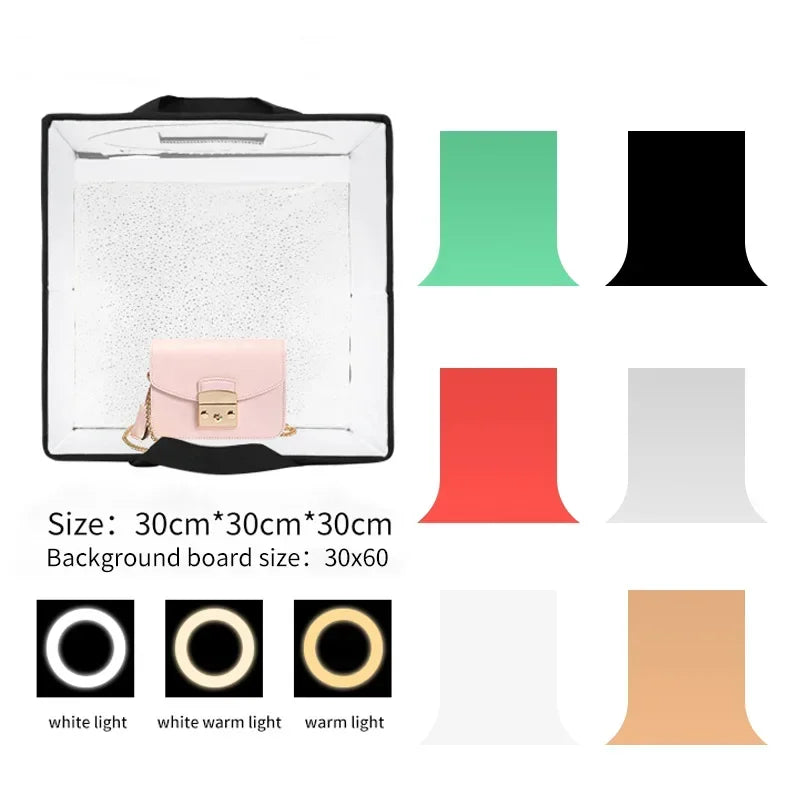 Boîte à lumière photo LED – format 30 cm et ses 6 fonds de couleur