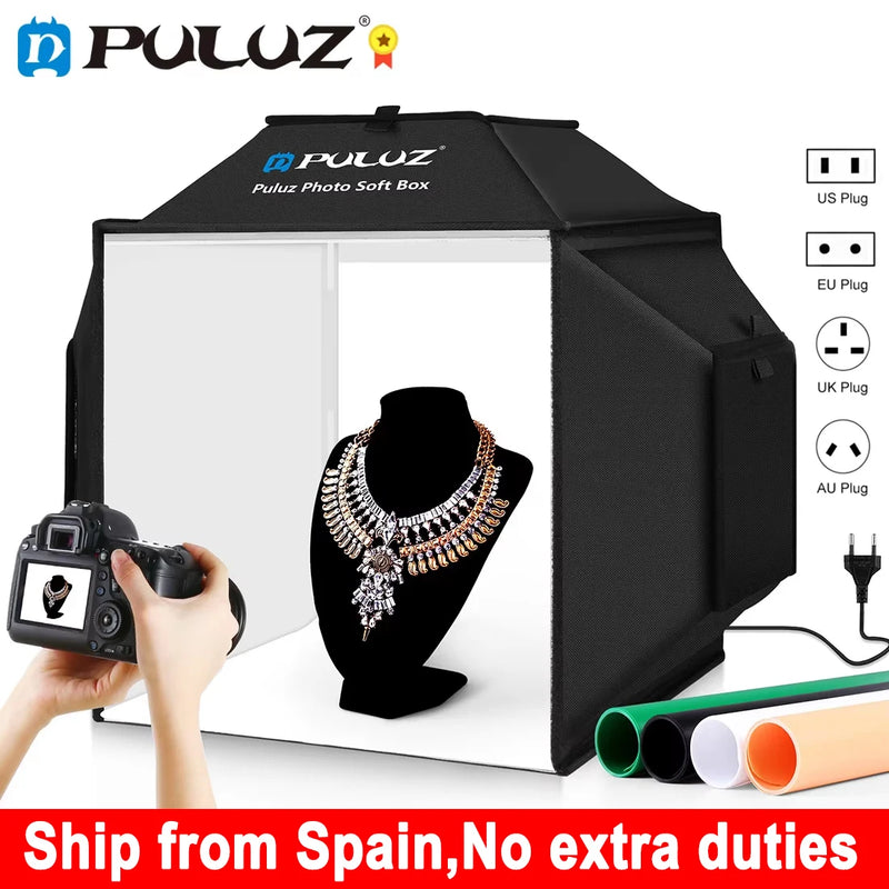 Boîte à lumière photo 40 cm – tente avec un collier sur son buste, appareil photo et choix de prises