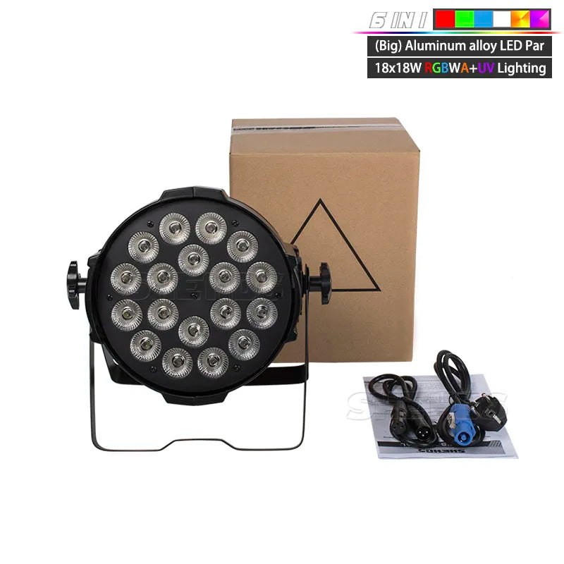 PAR LED aluminium – grand PAR 18 x 18 W RGBWA UV 6 en 1 avec son carton et ses câbles