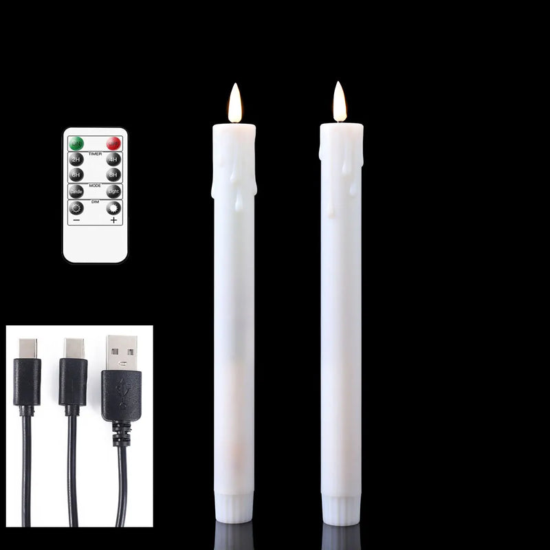 Bougies LED coniques rechargeables – deux bougies blanches à dessus plat avec télécommande et câble