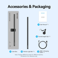 Barre lumineuse écran Vention – contenu du colis : barre, manuel, clip contrepoids et câble USB-C