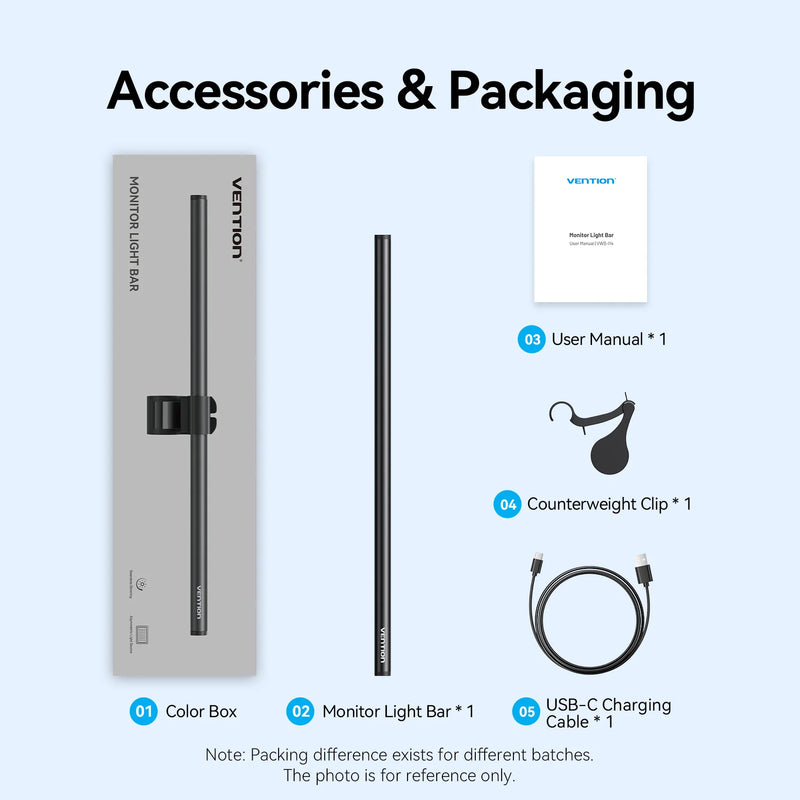 Barre lumineuse écran Vention – contenu du colis : barre, manuel, clip contrepoids et câble USB-C