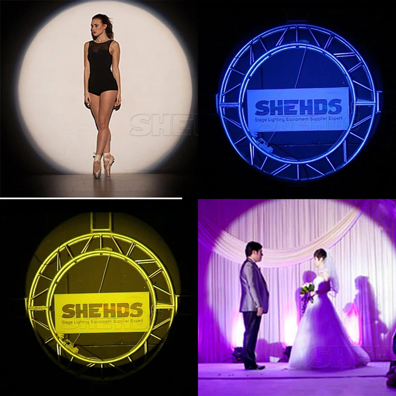 Projecteur de poursuite LED 330 W – exemples d'effets : danseuse, logos colorés et mariés éclairés