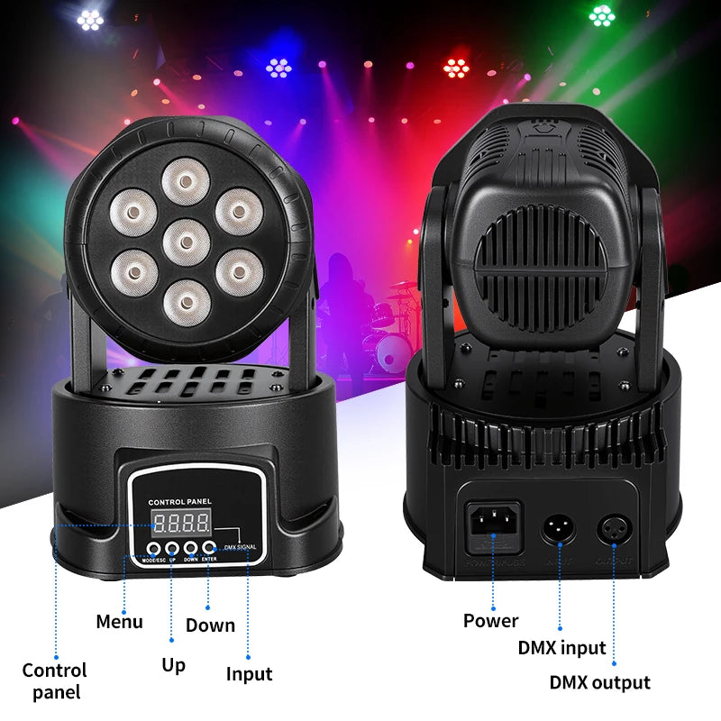 Mini lyre LED wash 7 LED RGBW 110 W, DMX 9 ou 14 canaux, 1, 2 ou 4 lyres