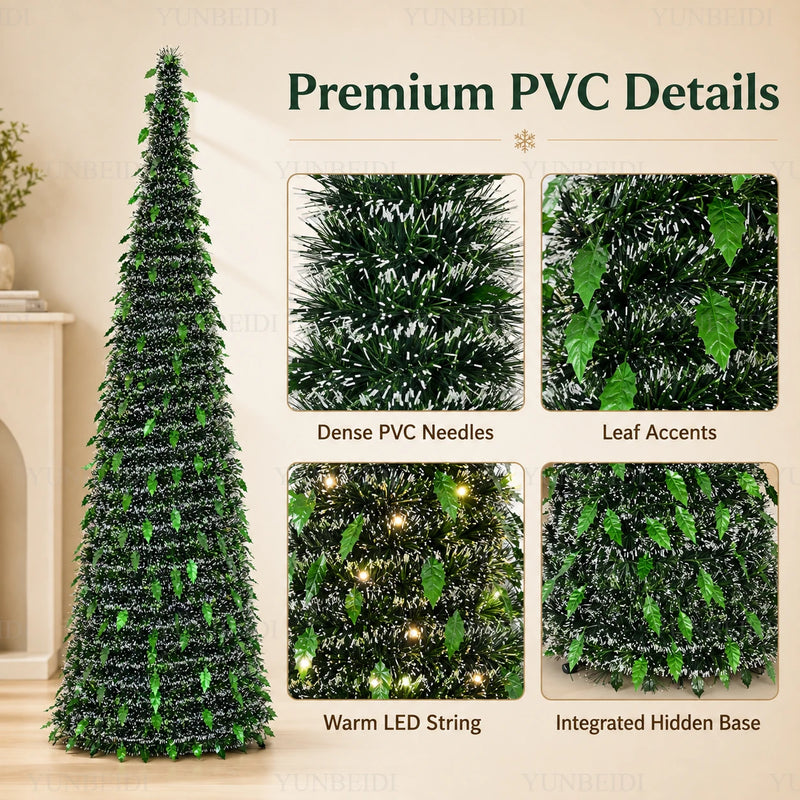 Sapin lumineux pliable télescopique à LED blanc chaud, 150 ou 180 cm
