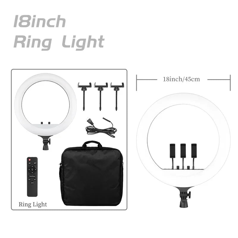 Ring light 18 pouces – anneau de 45 cm avec télécommande, câble, supports de téléphone et sac
