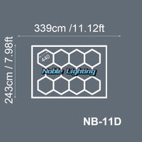 Plafonnier LED hexagonal – schéma du format 11 hexagones avec bordure, 339 x 243 cm