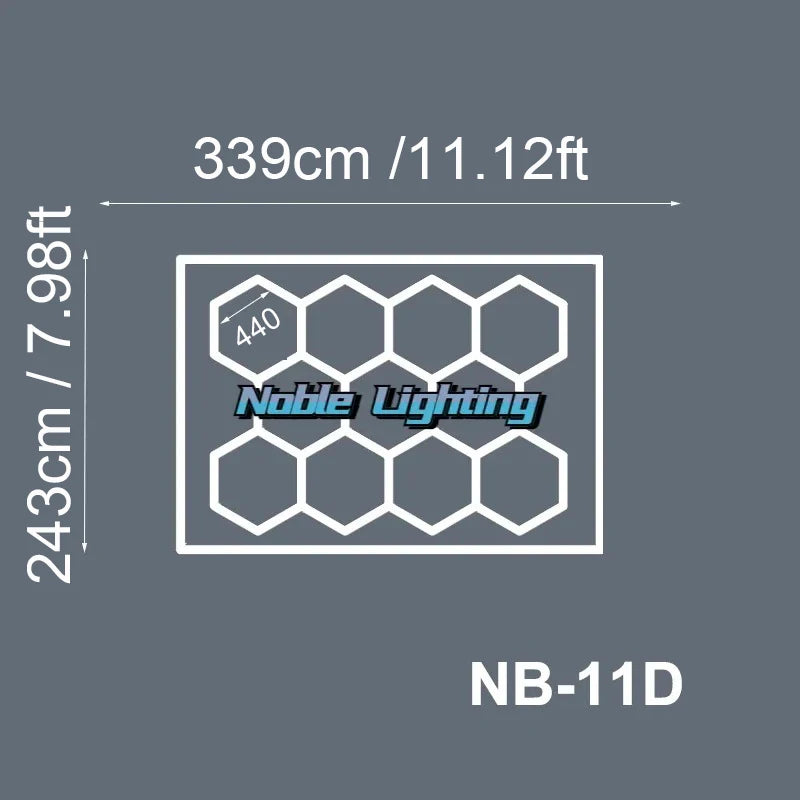 Plafonnier LED hexagonal – schéma du format 11 hexagones avec bordure, 339 x 243 cm