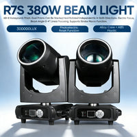 Lot de 2 lyres beam à lampe R7S 380 W, zoom 0 à 4°, 13 gobos, prismes 8 + 16 + 24, DMX 18 canaux