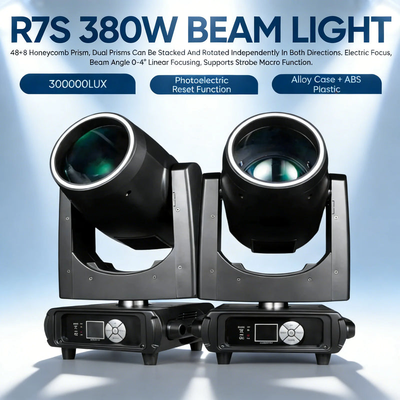 Lot de 2 lyres beam à lampe R7S 380 W, zoom 0 à 4°, 13 gobos, prismes 8 + 16 + 24, DMX 18 canaux