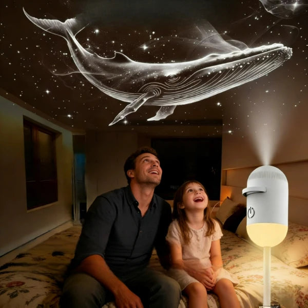 Projecteur d'étoiles USB à veilleuse chaude – père et enfant sous une baleine projetée au plafond