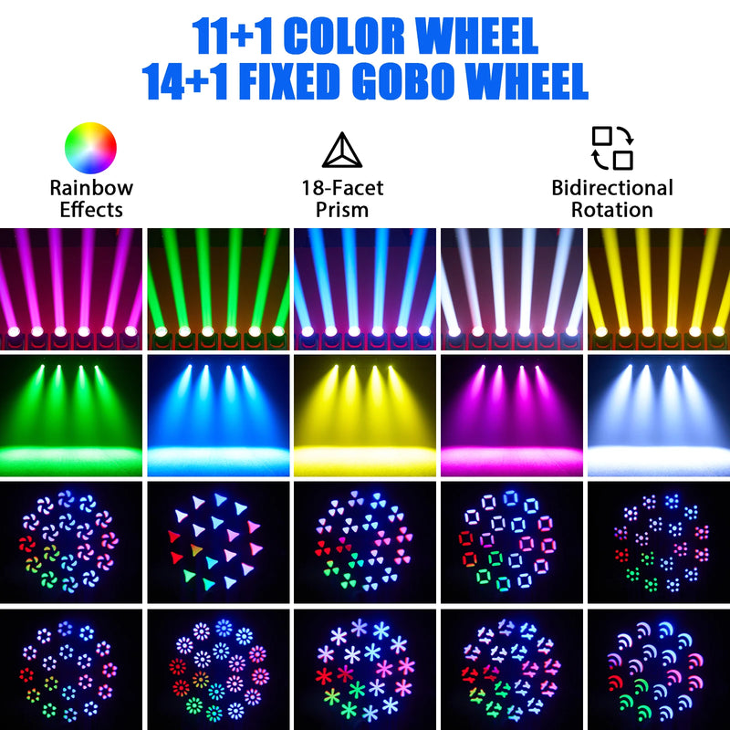 Lyre LED 200 W à anneau arc-en-ciel – roue de 11 couleurs, 14 gobos fixes et prisme à 18 facettes