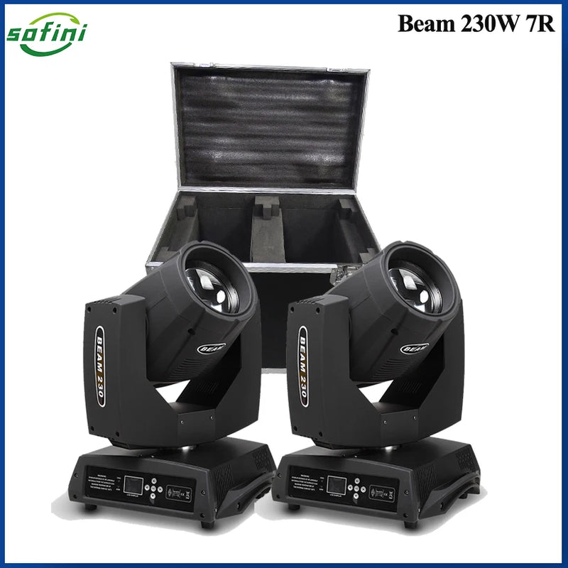 Lyres beam 7R 230 W – deux lyres devant le flight case ouvert