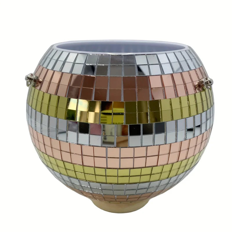 Jardinière boule à facettes – boule à bandes de miroirs colorés, vue de face