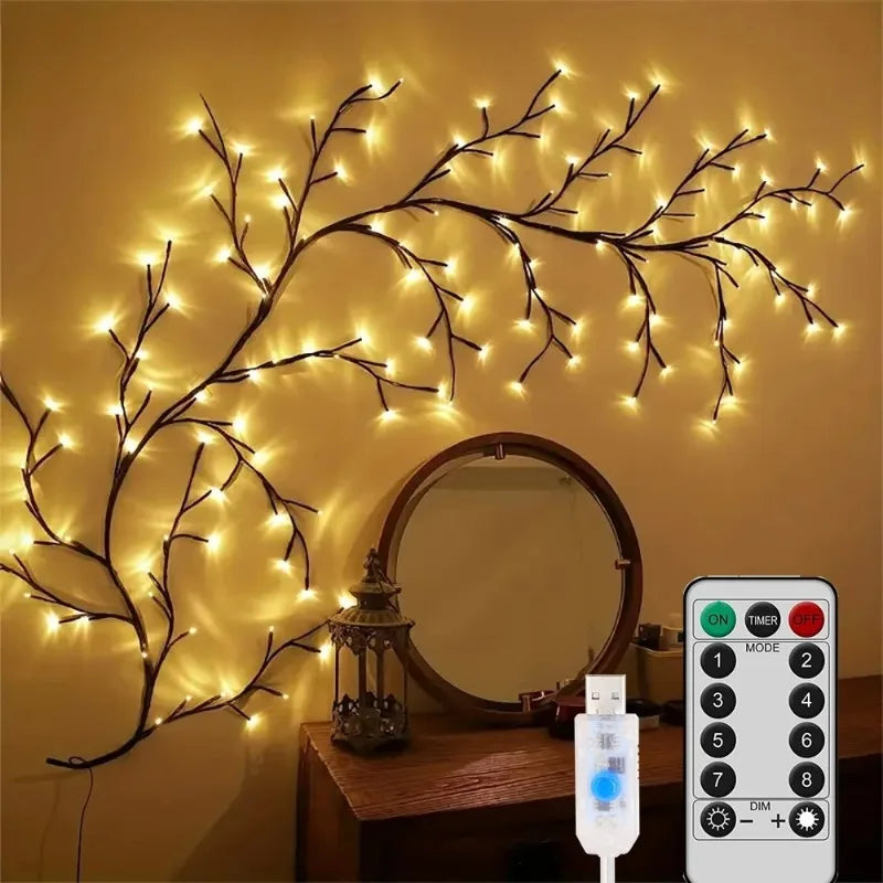 Branche de saule lumineuse murale 72 ou 96 LED blanc chaud, 8 modes, USB avec télécommande