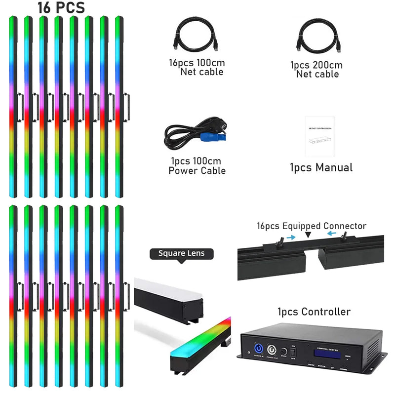 Tubes LED pixel DMX ArtNet – lot de 16 tubes à lentille carrée avec leurs accessoires
