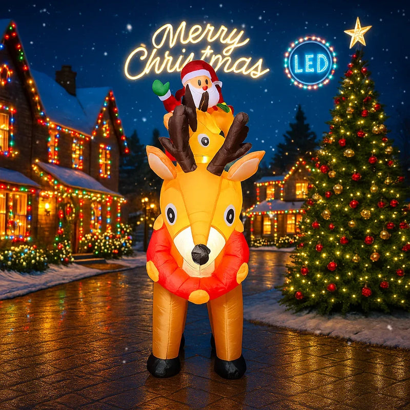 Père Noël gonflable avec traîneau et 3 rennes lumineux LED, 3 m