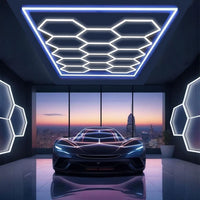 Plafonnier LED 14 hexagones 680 W à cadre bleu, 484,5 x 243,5 cm
