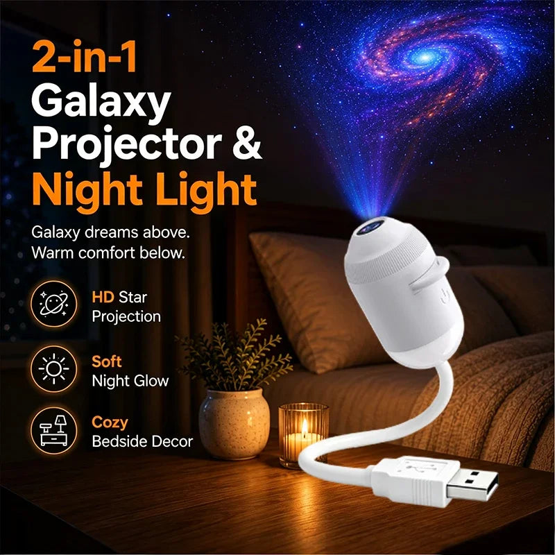 Projecteur d'étoiles USB rotatif – lampe projetant une nébuleuse sur un mur de chambre