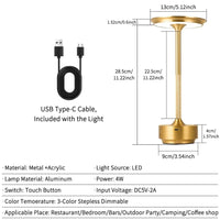 Lampe de table sans fil à disque – schéma des dimensions et câble USB-C