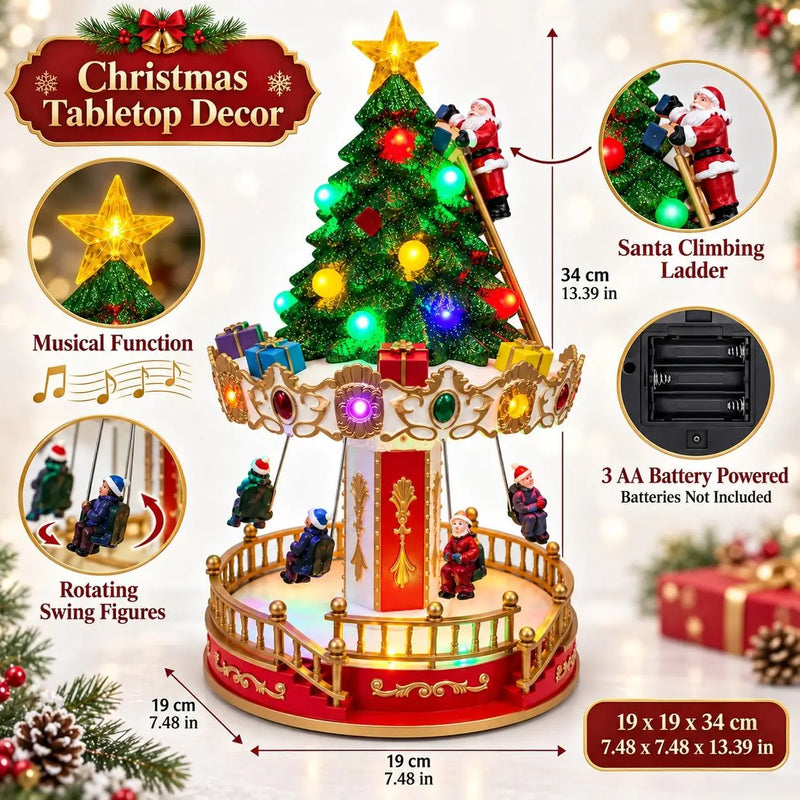 Carrousel de Noël musical et lumineux avec sapin et Père Noël, 34 cm, à piles