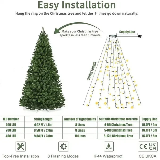 Guirlande sapin lumineuse en cascade USB, 8 modes, 200 à 400 LED, 1,5 à 3 m