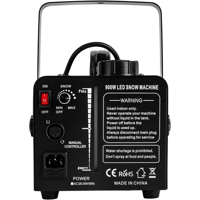 Machine à neige 900 W – panneau arrière avec interrupteur, réglage du débit et prise