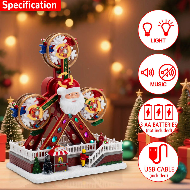 Grande roue de Noël musicale et lumineuse avec Père Noël, 30 cm, USB ou piles