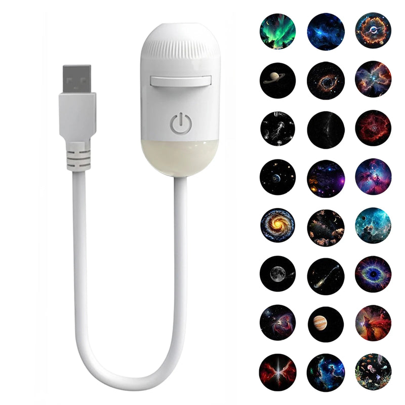 Mini projecteur galaxie USB – lampe à base lumineuse et câble en U avec 24 films couleur