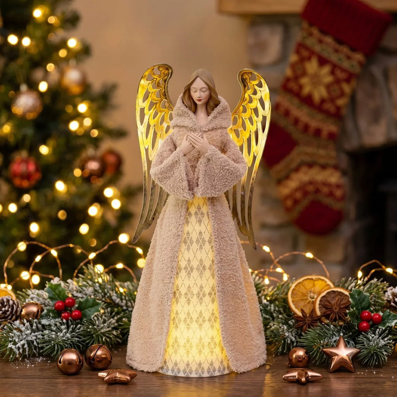 Figurine d'ange de Noël lumineuse de 55 cm, manteau en peluche et ailes dorées, à piles