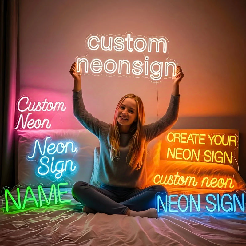 Néon prénom personnalisé – exemples de néons de plusieurs couleurs autour d'un lit