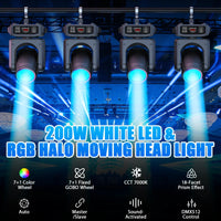 Lyres LED beam 200 W à halo RGB – quatre lyres accrochées en ligne projetant des faisceaux bleus