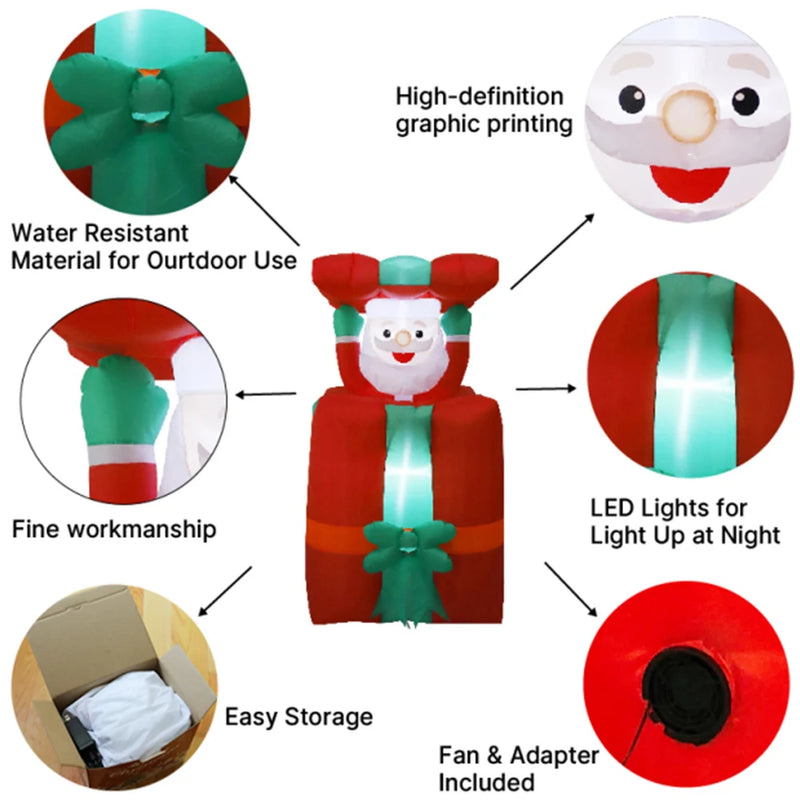 Père Noël gonflable animé qui sort d'un cadeau, LED, 1,5 m