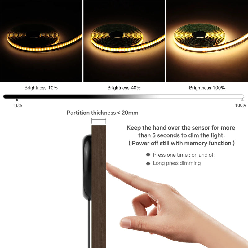 Ruban LED COB noir – intensité à 10, 40 et 100 % et capteur à travers une cloison