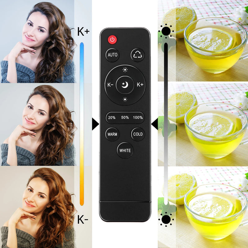 Kit softbox LED bicolore – télécommande à touches de température et de luminosité, effet sur un portrait et un verre