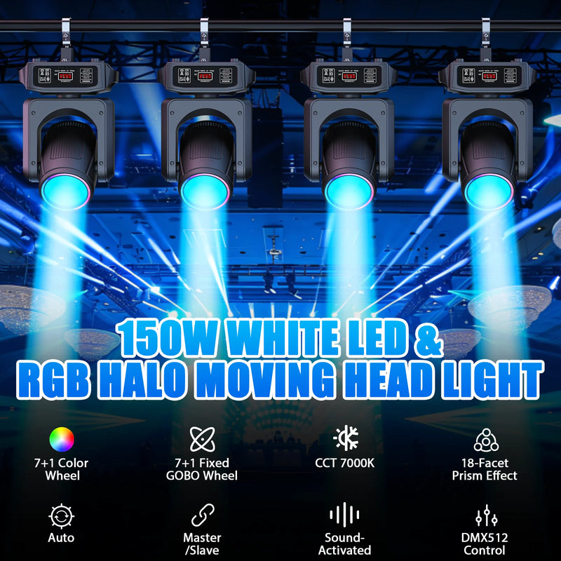 Lot de 2 lyres LED beam 150 W à anneau halo RGB, prisme 18 facettes
