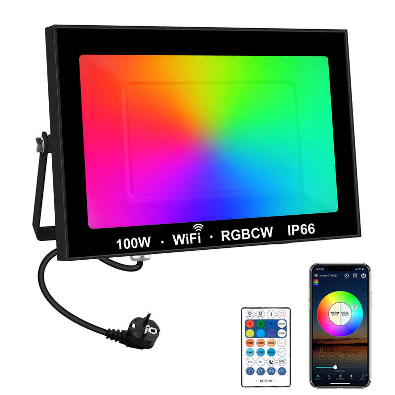 Projecteur LED extérieur ultra-mince 100 W RGB et blanc, télécommande et application