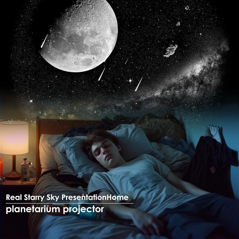 Projecteur galaxie planétarium à météores – ciel étoilé projeté sur une chambre avec un dormeur
