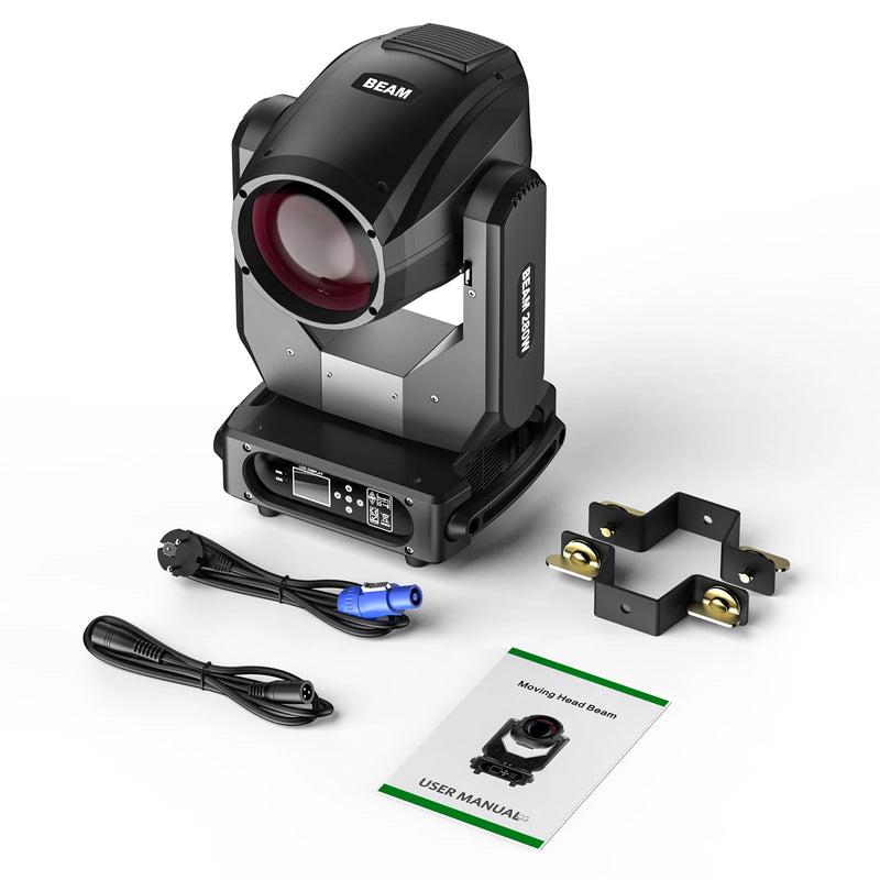 Lyre beam 10R 280 W – contenu du colis : lyre, supports, cordon d'alimentation, câble DMX et manuel