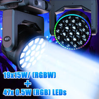 Lyre LED wash 19 x 15 W RGBW à anneau de 47 LED RGB, zoom 6° à 60°, DMX