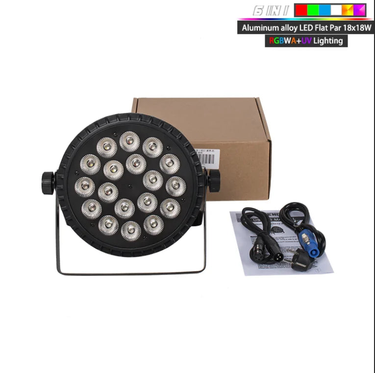PAR LED aluminium – PAR plat 18 x 18 W RGBWA UV 6 en 1 avec ses câbles