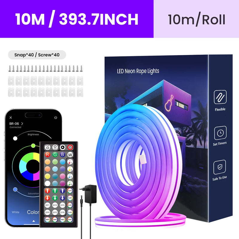 Ruban LED néon RGB – kit de 10 m avec télécommande, application, clips et vis