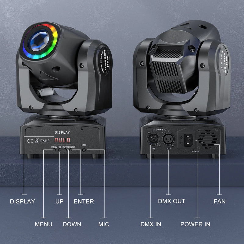 Lyre LED à tête mobile 120 W avec anneau RVB, 7 gobos et DMX 9 ou 11 canaux
