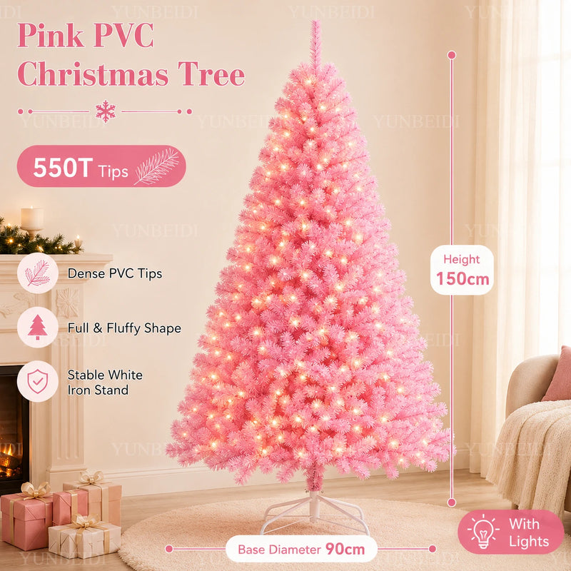 Sapin de Noël rose en PVC – sapin rose de 1,5 m avec guirlande LED USB