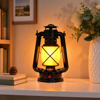 Lanterne LED rétro – finition noire allumée sur une étagère