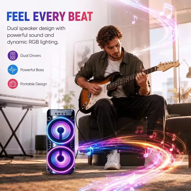 Enceinte Bluetooth lumineuse – enceinte près d'un musicien jouant de la guitare