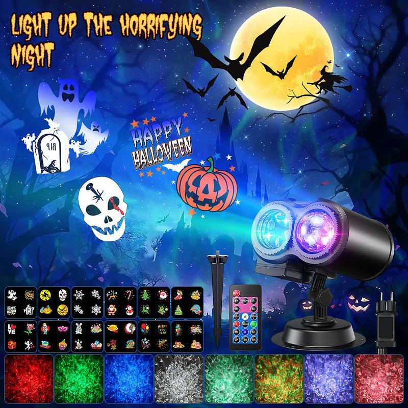 Projecteur Noël extérieur LED 2 en 1, 12 motifs et vagues, IP44