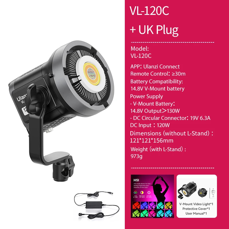 Lumière COB vidéo 120 ou 200 W bicolore ou RGB, application, V-Mount